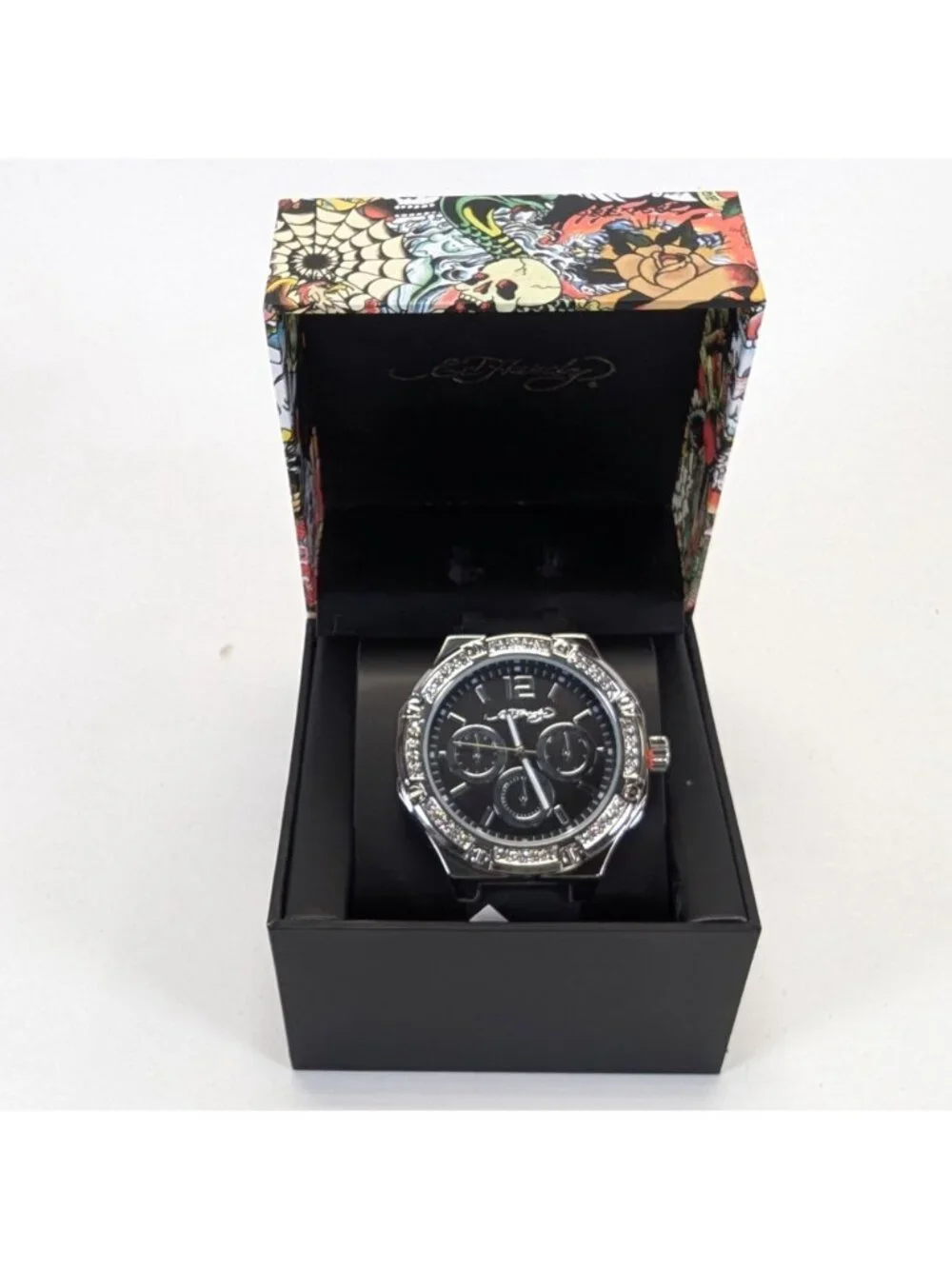 Ed Hardy Mens Black Dial Watch Rhinestone Bezel w Silicone Band NIB